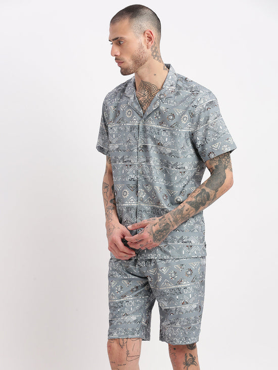 Men Geometric Print Cuban Collar Grey Co-Ords Set-Cyril-2493-Grey