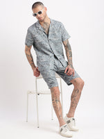 Men Geometric Print Cuban Collar Grey Co-Ords Set-Cyril-2493-Grey