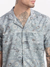 Men Geometric Print Cuban Collar Grey Co-Ords Set-Cyril-2493-Grey