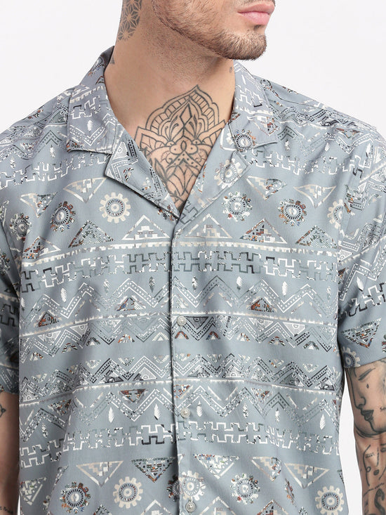 Men Geometric Print Cuban Collar Grey Co-Ords Set-Cyril-2493-Grey