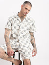 Men Geometric Print Cuban Collar Off White Co-Ords Set-Cyril-2495-Offwhite