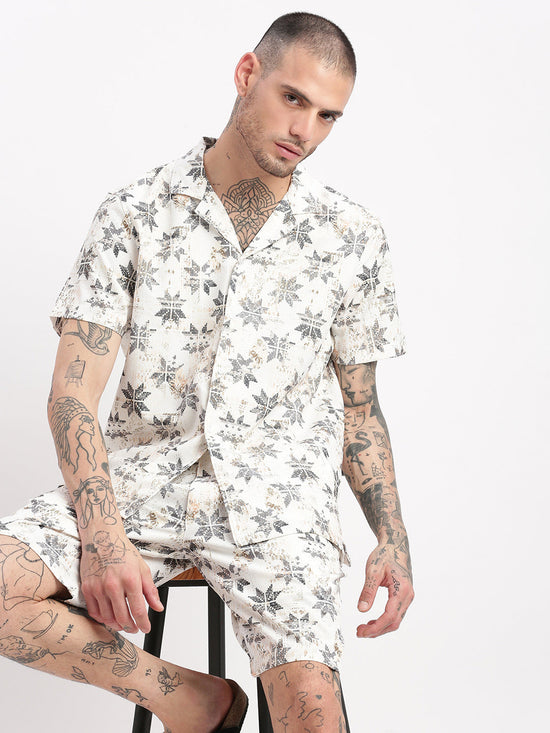 Men Geometric Print Cuban Collar Off White Co-Ords Set-Cyril-2495-Offwhite