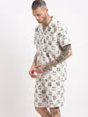 Men Geometric Print Cuban Collar Off White Co-Ords Set-Cyril-2495-Offwhite