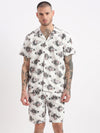 Men Geometric Print Cuban Collar White Co-Ords Set-Cyril-2496-White