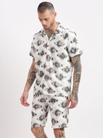 Men Geometric Print Cuban Collar White Co-Ords Set-Cyril-2496-White