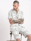 Men Geometric Print Cuban Collar White Co-Ords Set-Cyril-2501-White