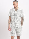 Men Geometric Print Cuban Collar White Co-Ords Set-Cyril-2501-White