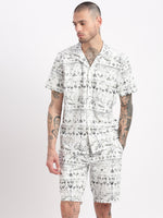 Men Geometric Print Cuban Collar White Co-Ords Set-Cyril-2501-White