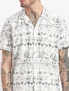 Men Geometric Print Cuban Collar White Co-Ords Set-Cyril-2501-White