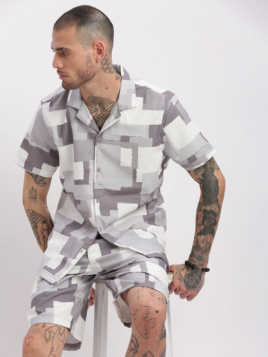 Men Abstract Cuban Collar Grey Co-Ords Set-Cyril-2502-Grey