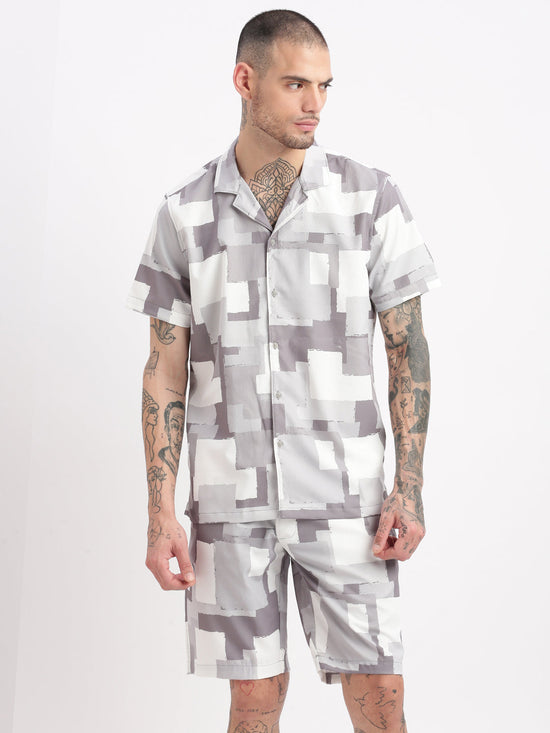 Men Abstract Cuban Collar Grey Co-Ords Set-Cyril-2502-Grey