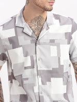 Men Abstract Cuban Collar Grey Co-Ords Set-Cyril-2502-Grey