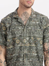 Men Geometric Print Cuban Collar Olive Co-Ords Set-Cyril-2506-Olive