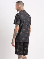 Men Geometric Print Cuban Collar Black Co-Ords Set-Cyril-2507-Black