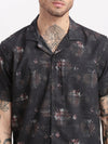 Men Geometric Print Cuban Collar Black Co-Ords Set-Cyril-2507-Black