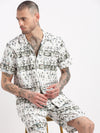 Men Geometric Print Cuban Collar White Co-Ords Set-Cyril-2509-White