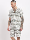 Men Geometric Print Cuban Collar White Co-Ords Set-Cyril-2509-White