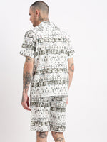 Men Geometric Print Cuban Collar White Co-Ords Set-Cyril-2509-White