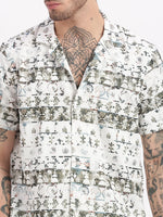 Men Geometric Print Cuban Collar White Co-Ords Set-Cyril-2509-White