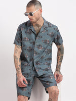 Men Geometric Print Cuban Collar Teal Co-Ords Set-Cyril-2510-Teal