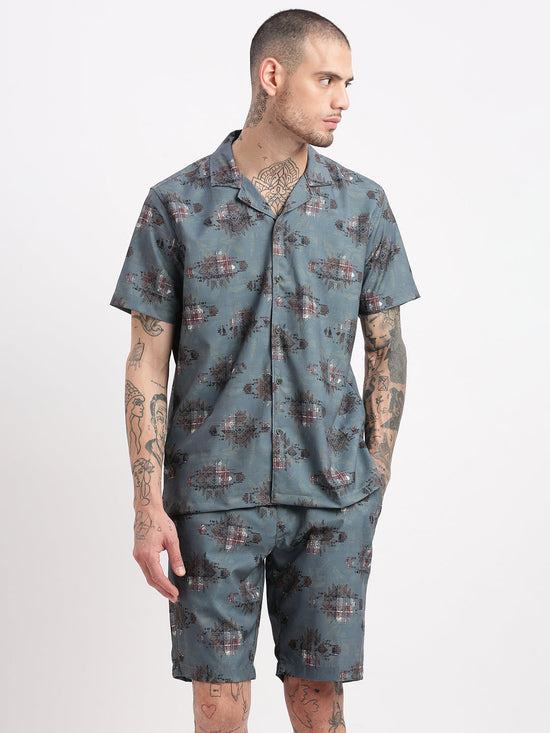 Men Geometric Print Cuban Collar Teal Co-Ords Set-Cyril-2510-Teal