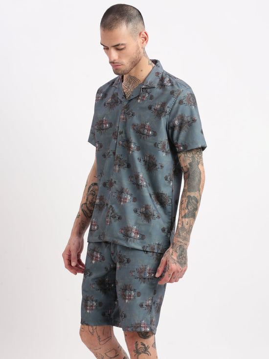 Men Geometric Print Cuban Collar Teal Co-Ords Set-Cyril-2510-Teal