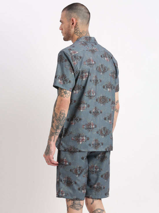 Men Geometric Print Cuban Collar Teal Co-Ords Set-Cyril-2510-Teal