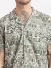 Men Geometric Print Cuban Collar Green Co-Ords Set-Cyril-2512-Green