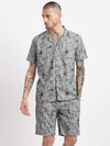 Men Geometric Print Cuban Collar Grey Co-Ords Set-Cyril-2597-Grey