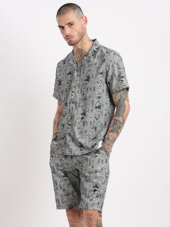 Men Geometric Print Cuban Collar Grey Co-Ords Set-Cyril-2597-Grey