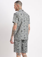 Men Geometric Print Cuban Collar Grey Co-Ords Set-Cyril-2597-Grey