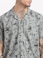 Men Geometric Print Cuban Collar Grey Co-Ords Set-Cyril-2597-Grey