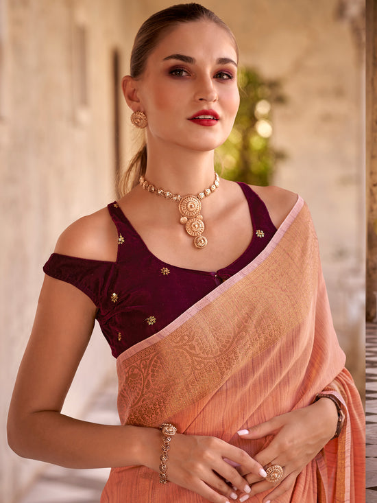 Saree Mall Women's  Blend Peach Woven Design Designer Saree With Blouse Piece-DELICTE450006