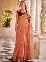 Saree Mall Women's  Blend Peach Woven Design Designer Saree With Blouse Piece-DELICTE450006