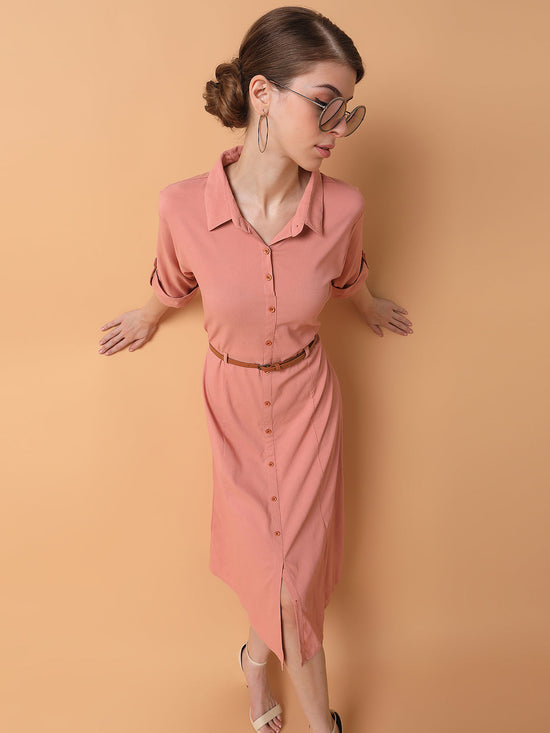 Women Solid Peach Midi A-Line Dress with Belt-DF-4774-Peach