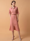 Women Solid Peach Midi A-Line Dress with Belt-DF-4774-Peach