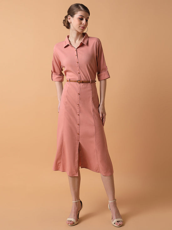 Women Solid Peach Midi A-Line Dress with Belt-DF-4774-Peach