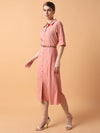 Women Solid Peach Midi A-Line Dress with Belt-DF-4774-Peach