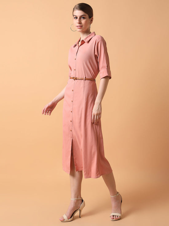 Women Solid Peach Midi A-Line Dress with Belt-DF-4774-Peach