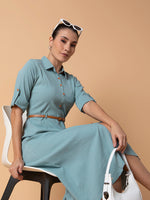 Women Solid Sea Green Midi A-Line Dress with Belt-DF-4774-Seagreen