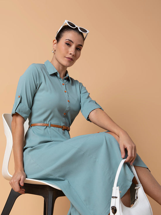 Women Solid Sea Green Midi A-Line Dress with Belt-DF-4774-Seagreen