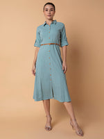 Women Solid Sea Green Midi A-Line Dress with Belt-DF-4774-Seagreen