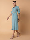 Women Solid Sea Green Midi A-Line Dress with Belt-DF-4774-Seagreen