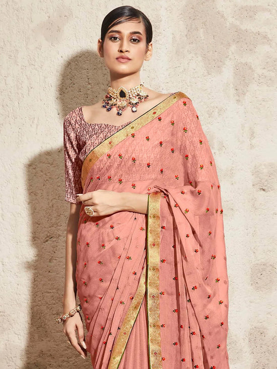 Saree Mall Women's Chiffon Peach Embellished Designer Saree With Blouse Piece-DHAGA1003