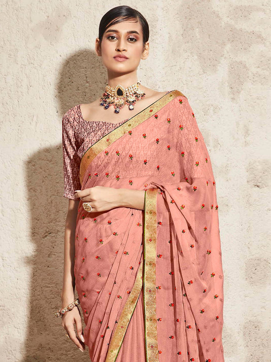 Saree Mall Women's Chiffon Peach Embellished Designer Saree With Blouse Piece-DHAGA1003