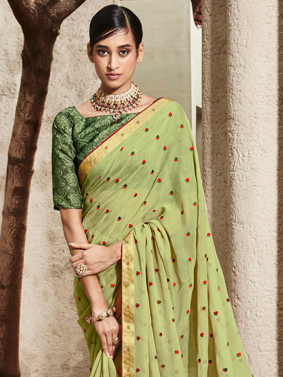 Saree Mall Women's Chiffon Light Green Embellished Designer Saree With Blouse Piece-DHAGA1005