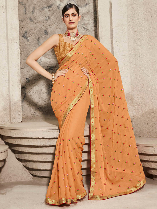 Saree Mall Women's Chiffon Orange Embellished Designer Saree With Blouse Piece-DHAGA1007