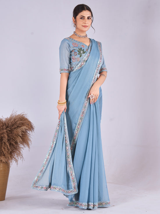 Saree Mall Women's Georgette Light Blue Embellished Designer Saree With Blouse Piece-DHNIYA202K1