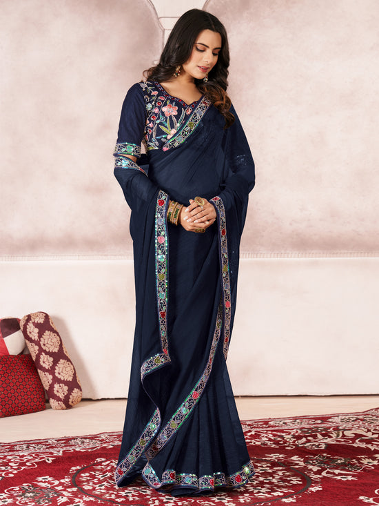 Saree Mall Women's Chiffon Navy Blue Embellished Designer Saree With Blouse Piece-DHNIYA301K5