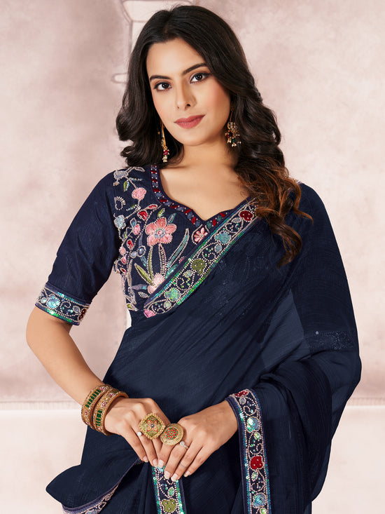 Saree Mall Women's Chiffon Navy Blue Embellished Designer Saree With Blouse Piece-DHNIYA301K5